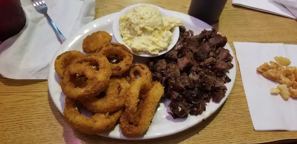 Burnt Ends Onion Rings and Potatoe Salad
