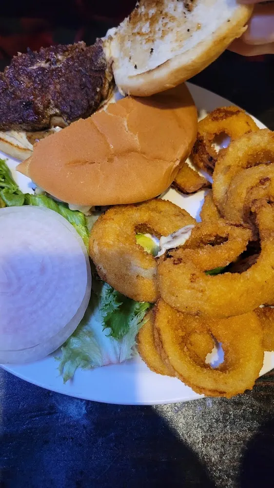 Mushroom and Swiss Burger with Onion Ring